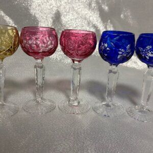 5 VINTAGE NACHTMANN CUT TO CLEAR CORDIAL GLASSES PINK BLUE YELLOW